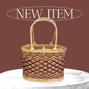 Handmade Bamboo & Rattan Oval Basket (Chiang Rai, Thailand) – Eco-Friendly Handwoven Handbag with Fabric Lining, Natural & Synthetic Rattan, Sustainable Thai Craft