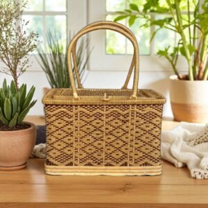 Handmade Bamboo & Rattan Basket (Chiang Rai, Thailand) – Eco-Friendly Handwoven Bag with Fabric Lining, Natural & Synthetic Rattan, Sustainable Thai Craft