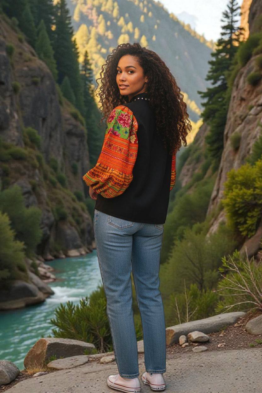 Hand-Embroidered Hemp Jacket (Full Embroidery, Balloon Sleeves, Tribal Neck Trim, Handmade in Thailand) - Image 2