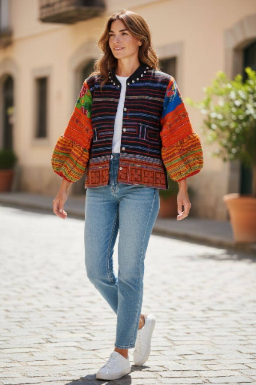 Hand-Embroidered Hemp Jacket (Full Embroidery, Balloon Sleeves, Tribal Neck Trim, Handmade in Thailand) - Image 4