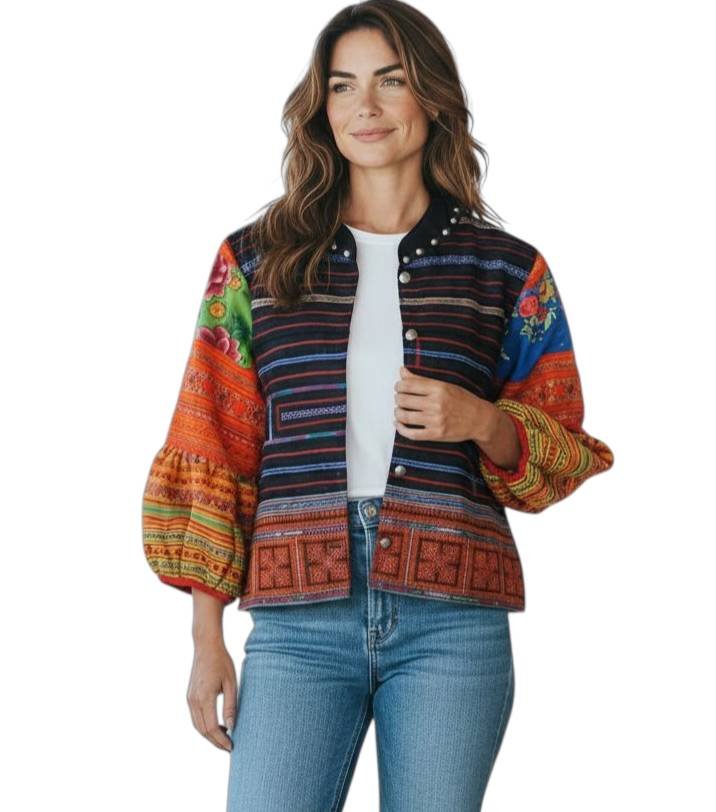 Hand-Embroidered Hemp Jacket (Full Embroidery, Balloon Sleeves, Tribal Neck Trim, Handmade in Thailand) - Image 7