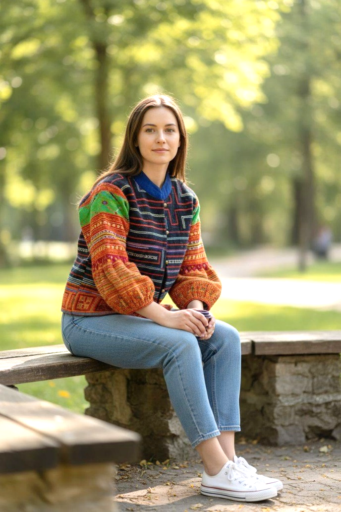 Hand-Embroidered Hemp Jacket (Full Embroidery, Balloon Sleeves, Tribal Neck Trim, Handmade in Thailand)